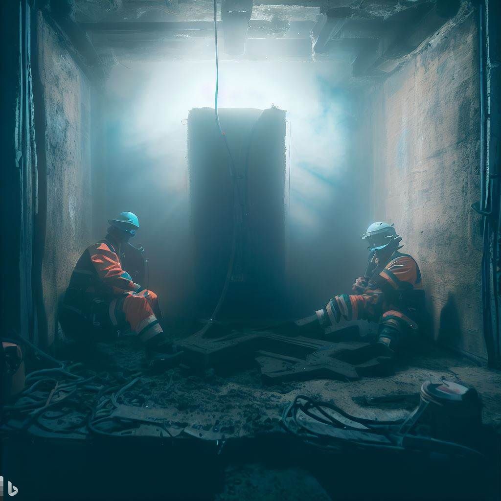 Design a hero image featuring an industrial setting, such as a confined space environment like a tank or tunnel. The image should highlight safety precautions and training in action. Show workers wearing protective gear, using safety equipment, and following proper procedures. Incorporate visual cues such as hazard signs, safety posters, and a prominent banner displaying the words "Confined Space Training: Ensuring Safety and Compliance." This image would reinforce the importance of confined space training and emphasize the safe work practices necessary in these environments.
