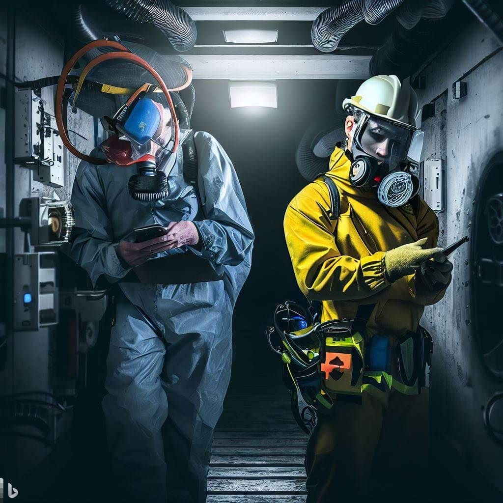 This hero image focuses on illustrating the potential hazards associated with confined spaces and the corresponding safety measures. It features a split-screen composition. On one side, there are visual representations of common confined space hazards such as toxic gases, lack of oxygen, and fire/explosion risks. On the other side, it showcases safety measures, including workers wearing appropriate PPE, ventilation equipment in operation, and communication devices being used. The image aims to create awareness about the risks involved while emphasizing the importance of safety protocols and equipment in confined space environments.