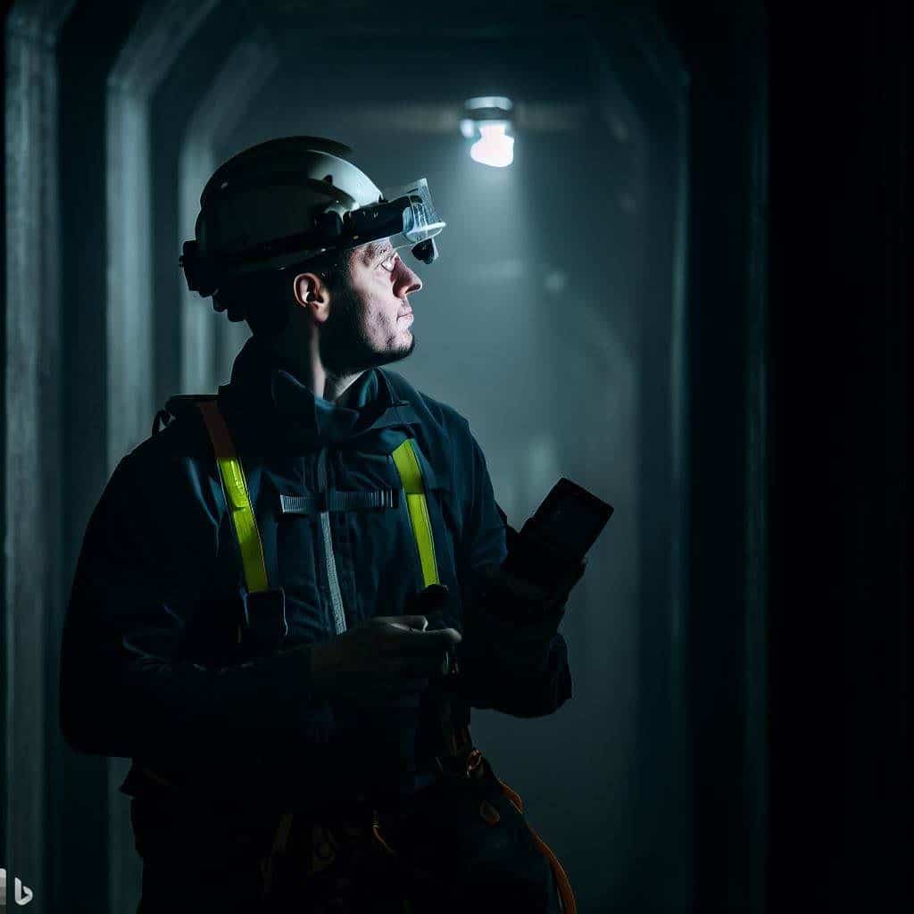 The image showcases a worker wearing specialized gear (e.g., harness, headlamp) inside a dark and narrow tunnel. The worker is using a monitoring device to check the air quality while maintaining clear communication with a colleague stationed outside the tunnel. This image symbolizes courage, preparedness, and the need for constant vigilance when working in confined spaces.