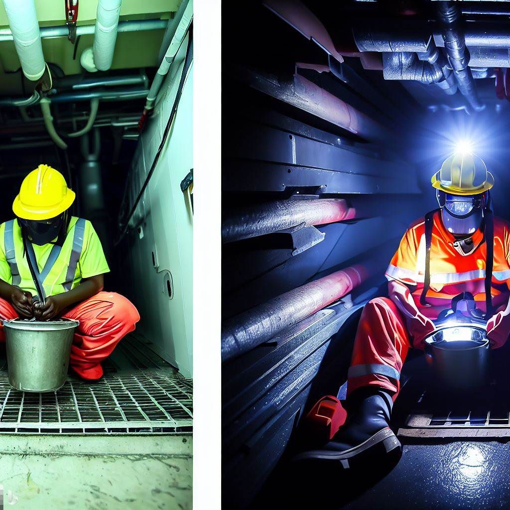 The hero image should depict a before-and-after scenario, showcasing the potential hazards of a confined space without proper training and the benefits of Illinois Confined Space Training. The "before" part of the image can show a hazardous environment with workers unaware of the risks, while the "after" part should show the same space transformed into a safe working environment with trained workers equipped with knowledge and protective gear.