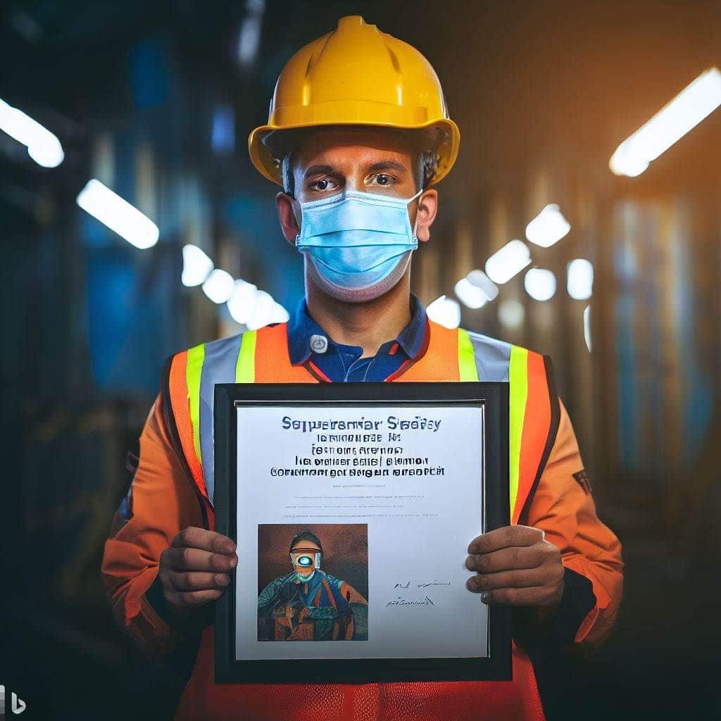 The image features a worker holding a certificate of confined space awareness training, symbolizing knowledge and expertise. The worker is standing confidently in front of a confined space entrance, emphasizing the importance of proper training in ensuring workplace safety. The image conveys professionalism, competence, and the idea that education is the foundation for safety in confined spaces.