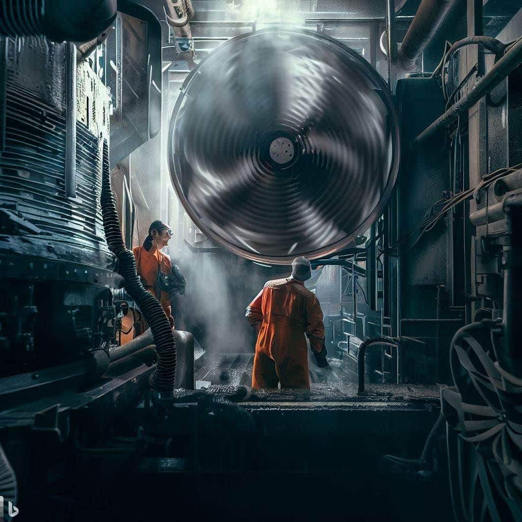 The hero image showcases a large industrial fan or blower in operation within a confined space. The image captures the powerful airflow and movement, demonstrating the effectiveness of the ventilation equipment. The surrounding environment could show workers engaged in their tasks, with a sense of energy and dynamism. Bold text overlays such as "Confined Space Ventilation: Unleash the Power" and "Maximize Safety with Industrial-Grade Equipment" can be included to convey the message of strength and efficiency.