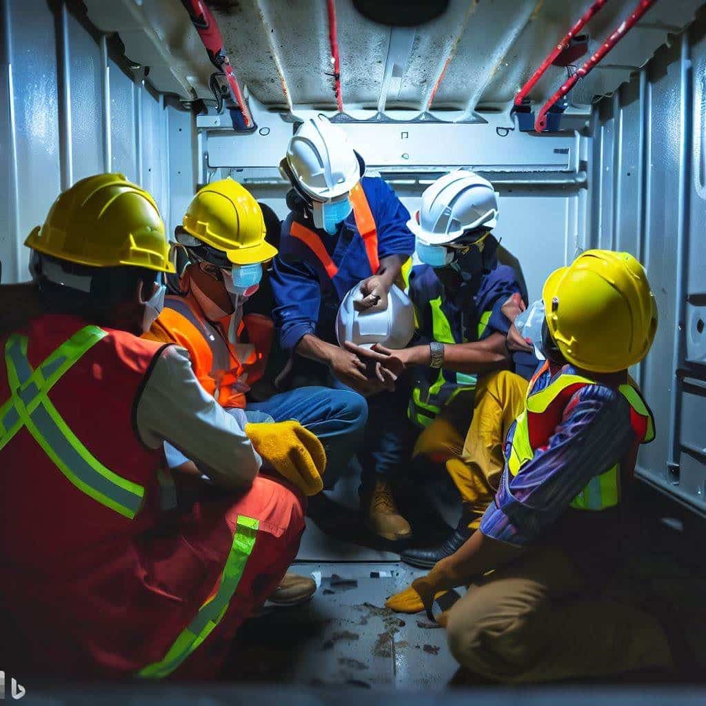 The hero image depicts a diverse team of workers collaborating inside a confined space. The image captures a sense of teamwork and camaraderie as they communicate and work together to ensure safety. The emphasis is on the importance of effective training and cooperation in achieving workplace safety.