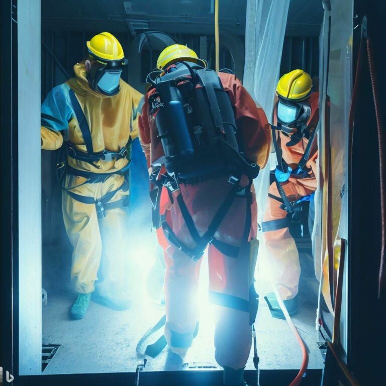 The hero image depicts a group of workers wearing personal protective equipment (PPE) and utilizing safety equipment while entering a confined space. They are shown following proper procedures, such as atmospheric testing and communication protocols. The image showcases a well-lit and properly ventilated confined space environment, emphasizing the importance of safety and compliance in confined space entry.