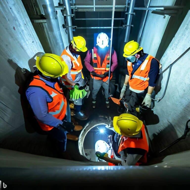 The hero image showcases a group of workers wearing protective gear, including helmets, safety goggles, and reflective vests, while working in a high-risk confined space. The workers are seen following safety protocols, such as using gas detectors and specialized equipment. The image emphasizes the importance of safety and highlights the seriousness of working in high-risk environments.