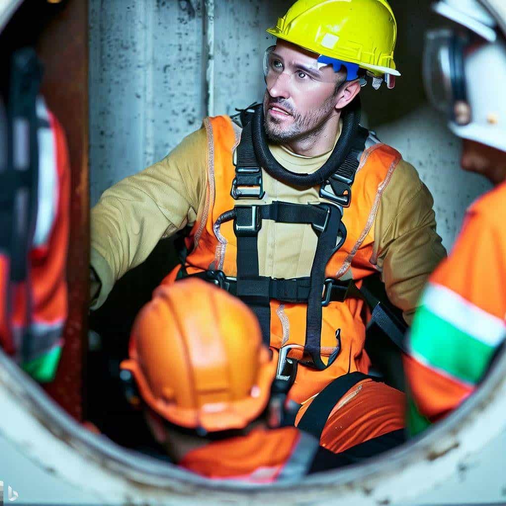 This hero image depicts a safety professional conducting confined space training with a group of workers. The image could show the professional using visual aids or a demonstration tripod to explain the proper setup and use of confined space tripods. The workers can be shown engaged in the training session, wearing safety gear and actively participating. The image should convey a sense of knowledge sharing, collaboration, and a commitment to safety.
