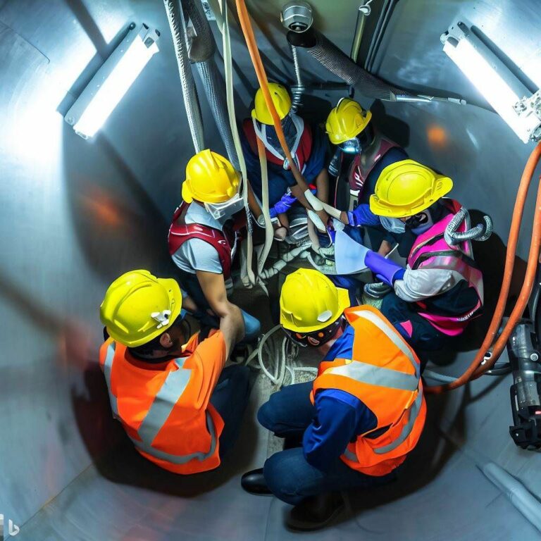 This hero image focuses on the concept of safety in confined spaces. It portrays a group of diverse workers wearing appropriate safety gear and engaged in a collaborative task within a confined space. The image showcases a well-lit and organized workspace, emphasizing the importance of training and preparedness in ensuring a safe working environment. The workers are shown using safety equipment, following proper procedures, and demonstrating teamwork, highlighting the key elements of confined space awareness training.