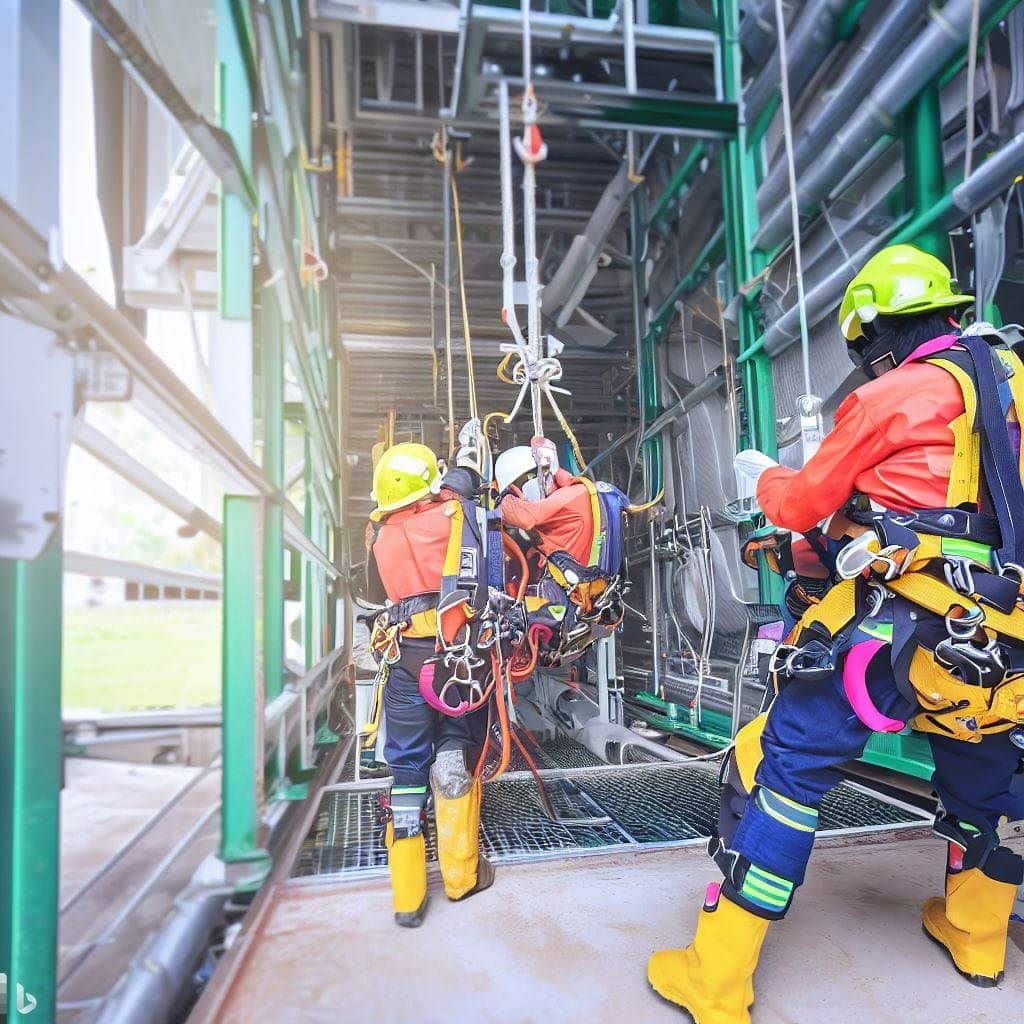 The hero image features a professional team of workers wearing full-body harnesses and safety gear, working in harmony with a well-designed confined space retrieval system. The image shows workers engaging in a task within a confined space environment, with the retrieval equipment clearly visible and properly utilized. The composition emphasizes teamwork, safety, and the effective use of equipment to inspire confidence in the viewer regarding compliance and best practices in confined space operations.